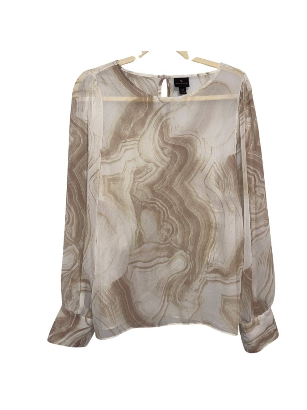 Worthington Beige Marble Print Sheer Long Sleeve Blouse Womens L Tall